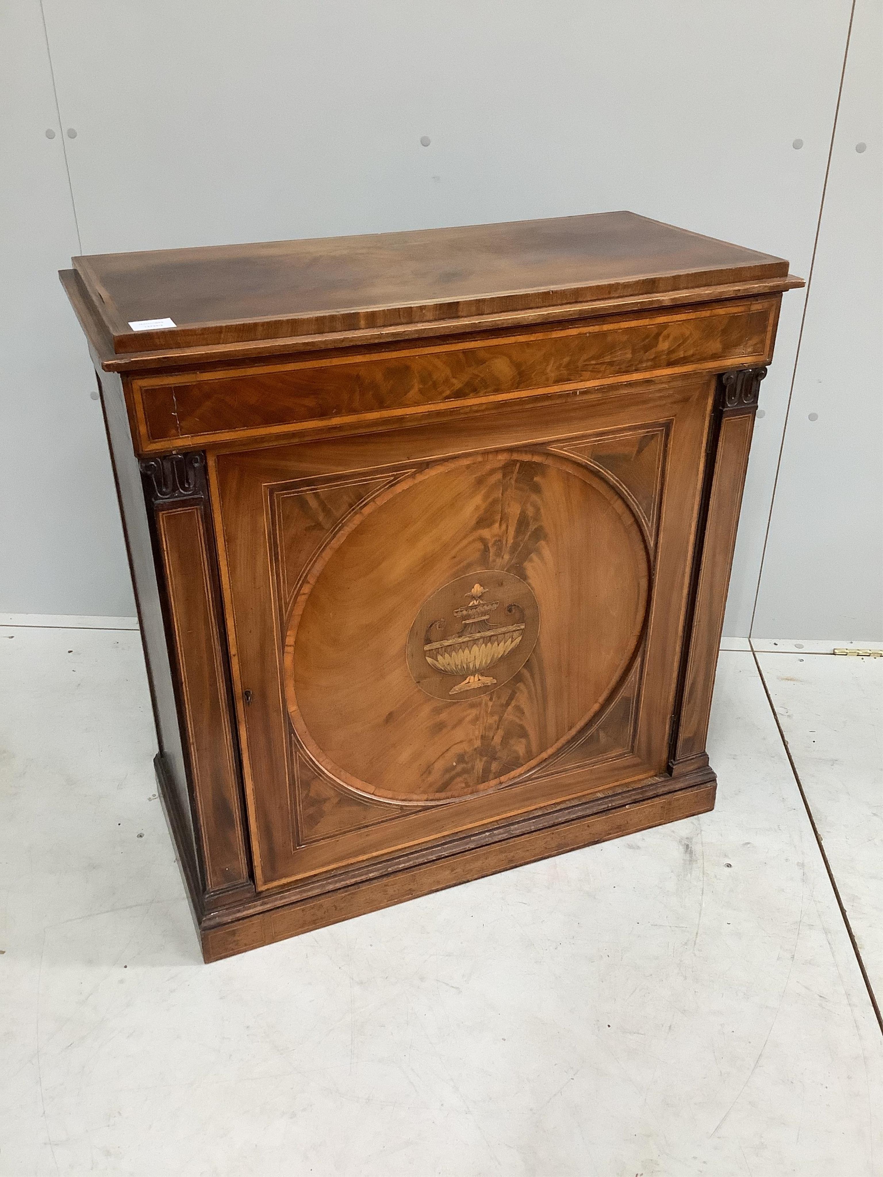 An Edwardian satinwood banded and marquetry inlaid mahogany side cabinet, adapted, width 81cm, depth 39cm, height 83cm